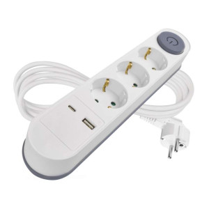 Podaljšek 2 m / 3 vtičnice / s stikalom / beli / 1× USB-A + 1× USB-C / 1,5 mm2
