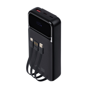 RIVACASE Prenosna baterija VA2221 ("Powerbank") 20.000 mAh 22,5W, črn, z LCD ekranom in 3x podatkovni kabli (Type-C, Lightning, USB-A) za vse telefone in tablice