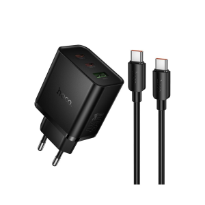 Hoco polnilec N75 GaN PD 65W 1x USB A in 2x Type C s kablom 1m Type C za Samsung, Apple - črn